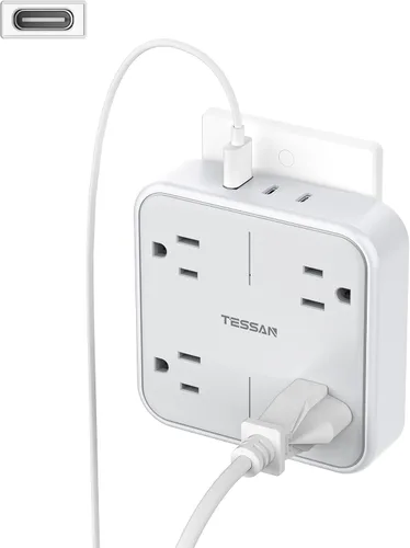 Vista 9 de TESSAN - Extensor de salida con protector de sobretensiones, adaptador de enchufe múltiple con divisor de 4 salidas y 3 USB (1 USB C), expansor