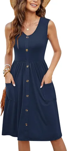 Vista 10 de MOLERANI Vestido de verano para mujer, sin mangas, estilo casual, suelto, con vuelo, botones, midi, con bolsillos 01-beja Blue