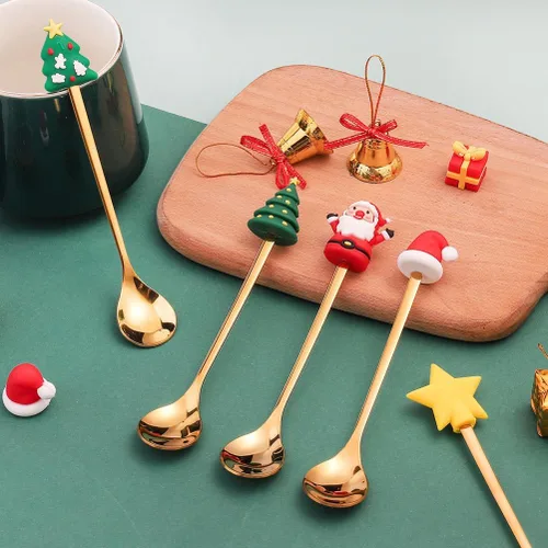 Vista 7 de Upkoch Juego de cucharas de Navidad, cucharas de café de Navidad, cucharadita de café de postre de acero inoxidable, vajilla de fiesta