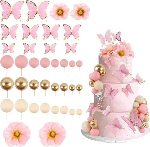 Vista 3 de 38 bolas de oro rosa para decoración de tartas, flores artificiales rosadas, decoraciones de pasteles de mariposa para decoración de pasteles