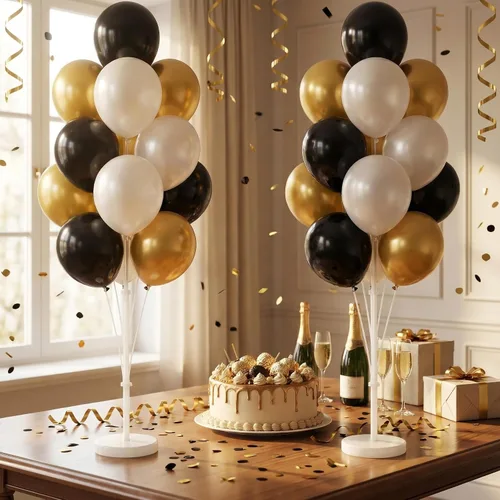 Vista 7 de HIINS - Juego de 2 columnas de globos de oro negro de 10 pulgadas con base y poste, decoración de fondo para fiesta