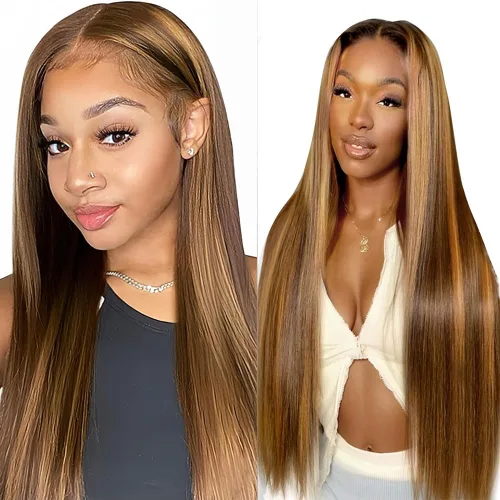 Vista 32 de Peluca de cabello humano lacio marrón con reflejos de 13 x 4, peluca frontal de encaje transparente #4, peluca corta Bob para mujeres negras