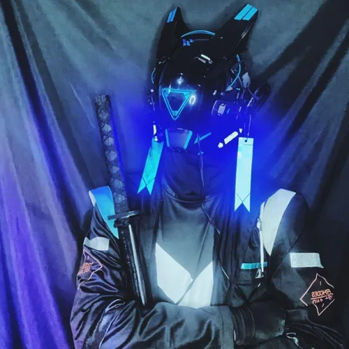 Vista 4 de Cyberpunk - Máscara de ciencia ficción, ropa técnica futurista, disfraz de Halloween, máscara LED, máscara de caballero negro