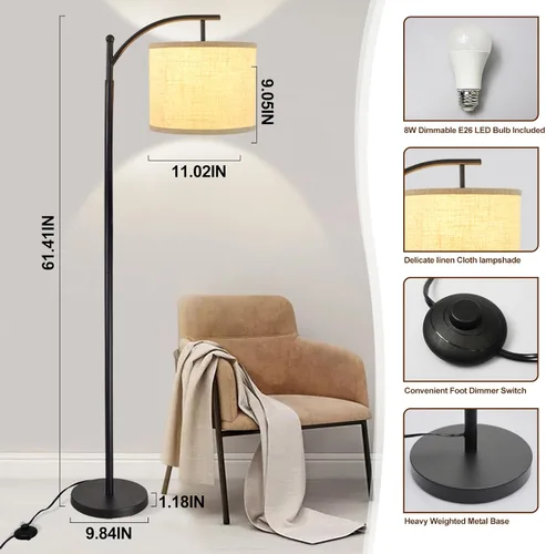 Vista 6 de DLLT - Lámpara de pie de arco moderna, lámpara de pie de granja con pantalla de linterna, luz de lectura alta industrial para dormitorio, sala