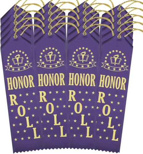 Vista 4 de RibbonsNow Cintas de premio Honor Roll - 25 cintas moradas reales con tarjeta y cuerda