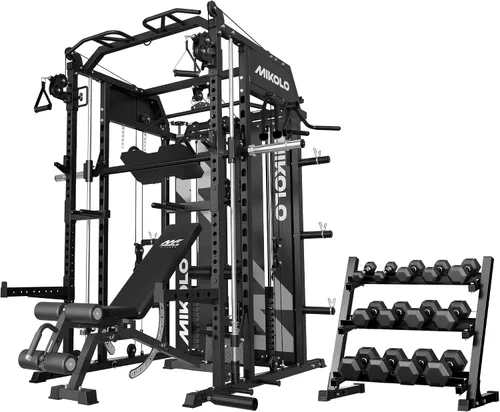 Vista 14 de Mikolo - Máquina Smith con pila de pesas, sistema de gimnasio en casa tipo jaula de potencia con tracción LAT y cruce de cable, entrenador