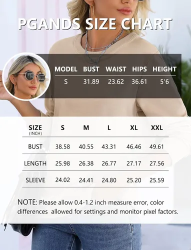 Vista 6 de PGANDS Sudaderas de manga larga con cuello redondo y bloque de color liso para mujer, estilo casual, lindas, ligeras, sueltas