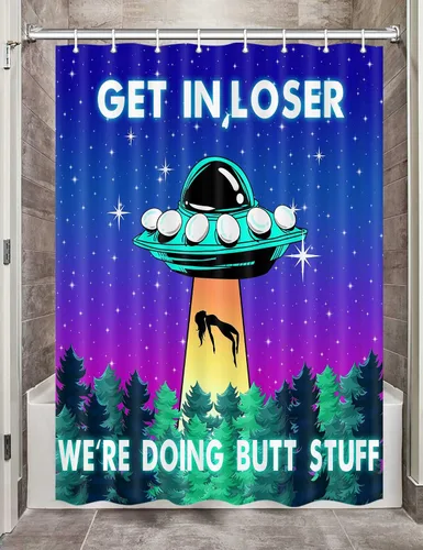 Vista 13 de MERCHR Funny UFO Shower Curtain for Bathroom, Unique Fun Alien Blue Space Starry Sky Forest Fabric Shower Curtains Set, Weird Restroom Decor