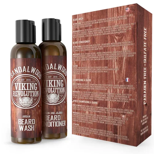 Vista 6 de Viking Revolution Juego de acondicionador para barba y lavado de barba con aceites de argán y jojoba, suaviza y fortalece, aroma natural de sándalo