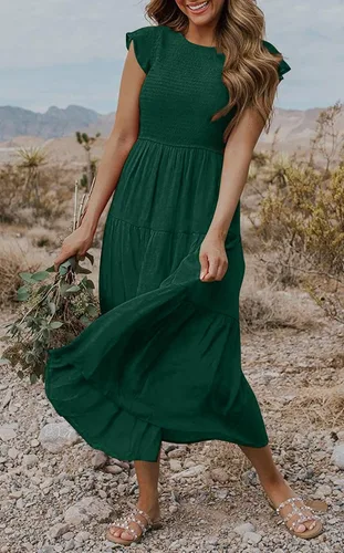 Vista 3 de MEROKEETY - Vestido midi fruncido de manga corta para mujer, vestido de verano casual, acampanado, con cintura elástica y escalonado