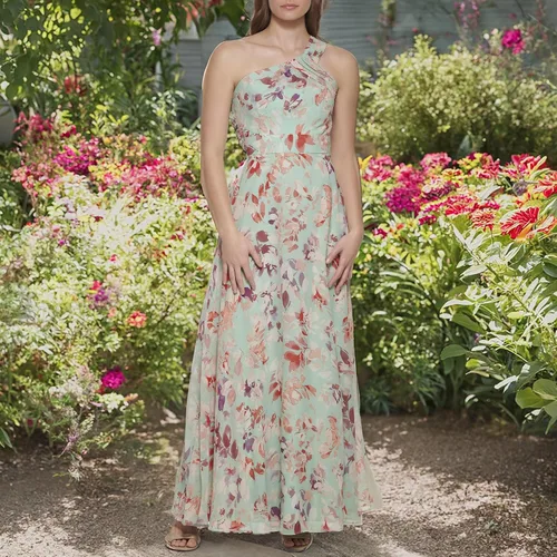 Vista 5 de Eliza J Vestido de mujer estilo estampado gasa sin mangas asimétrico un hombro vestido