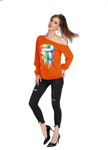 Vista 3 de MAGICMK - Suéter de hombros descubiertos y manga larga para mujer, blusas informales con estampado de labios, tallas extragrandes, holgadas