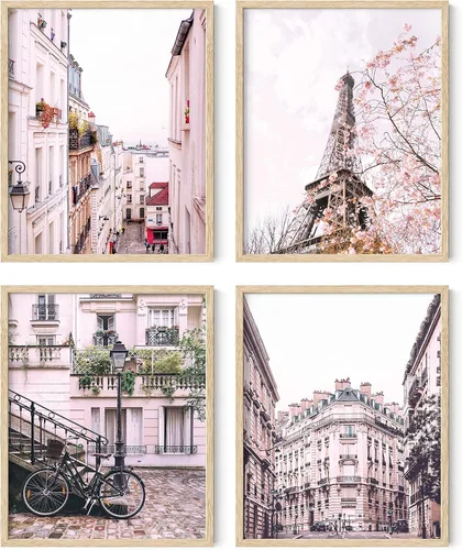 Vista 10 de HAUS AND HUES Decoración de pared de París rosa, juego de 4 impresiones artísticas de París, decoración estética de París para dormitorio o baño
