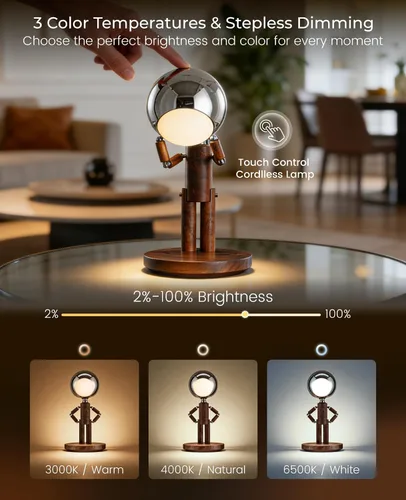 Vista 4 de Lámpara de mesa inalámbrica, lámpara de mesa de madera recargable con control táctil y brillo ajustable, lámpara de noche decorativa inalámbrica