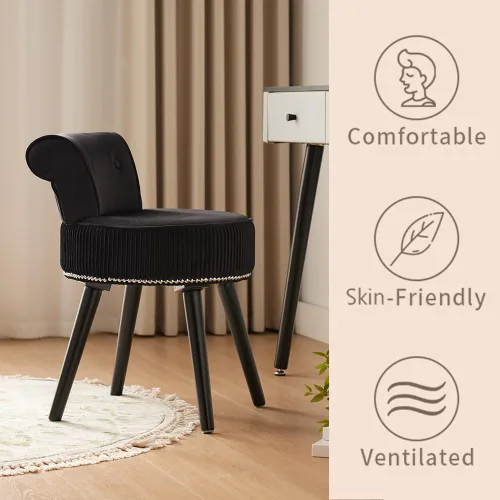 Vista 5 de Silla de tocador de terciopelo negro con respaldo pequeño, taburete de maquillaje, sillas acentuadas con botones sin ruedas, taburete de tocador