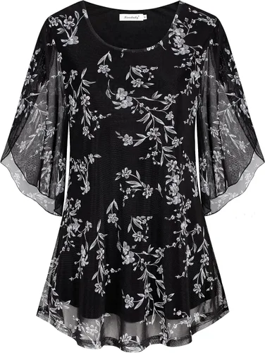 Vista 4 de Ninedaily Blusas de manga 34 para mujer, estilo casual, de doble capa, de malla, tipo túnica
