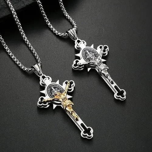 Vista 4 de ST.Benedict - Collar con colgante de cruz de poder de protección, collar con colgante de crucifijo de acero inoxidable religión, regalo de joyería