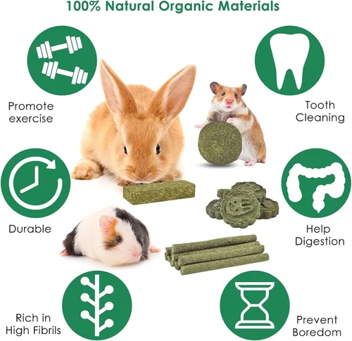 Vista 2 de ERKOON 50 juguetes masticables de conejo, 100% naturales Timothy heno galleta y palitos de golosinas, juguete masticable para dientes para conejo