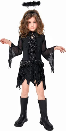 Vista 4 de Doxrmuru Vestido de ángel caído para niñas para disfraz de Halloween con alas negras