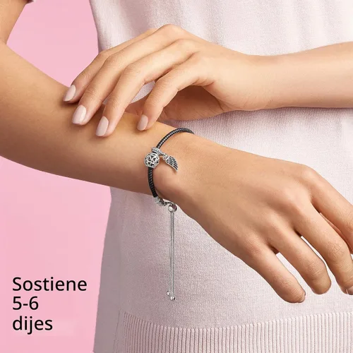 Vista 6 de PANDORA Pulsera de cuero con circonita cúbica doble en plata de ley, 11 pulgadas, sin caja, Plata Esterlina, Circonita cúbica