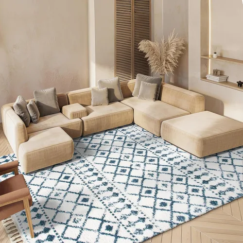 Vista 23 de SAFAVIEH Berber Fringe Shag Collection - Alfombra decorativa de 2 pies 2 pulgadas x 4 pies, color crema y azul, diseño, no desprende pelusa
