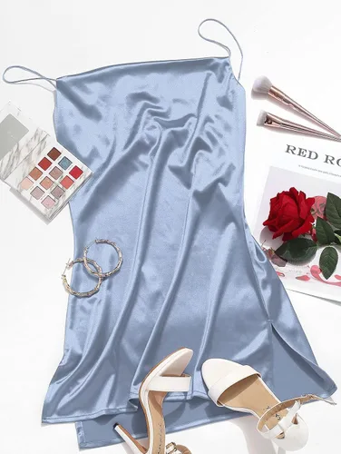 Vista 2 de ZAFUL Vestido de satén con tirantes delgados para mujer, ajustado, con abertura lateral, mini vestido sexy sin mangas, vestido de fiesta corto