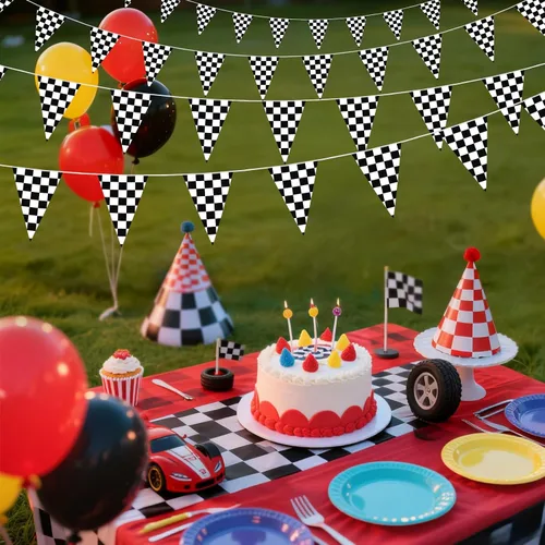 Vista 3 de HOOSUN Bandera a cuadros para decoración de cumpleaños de coches de carreras, 98 pies, 48 piezas, bandera a cuadros, suministros de fiesta, banderas
