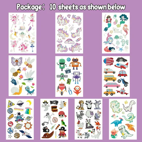 Vista 2 de Partywind - Tatuajes temporales luminosos para niños, impermeables, falsos tatuajes con unicornio dinosaurio sirena pirata construcción tema
