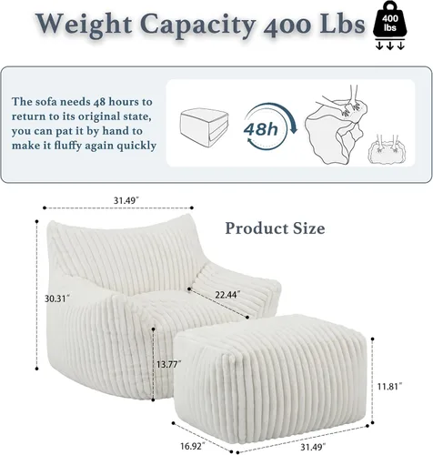 Vista 2 de Puf Chaise Lounge de Gran Tamaño para Interiores para Adultos con Reposabrazos y Otomana - Puf Gigante Cómodo Beige Perezoso para el Suelo, Sofá