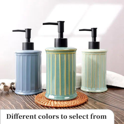 Vista 6 de Dispensador de jabón, dispensador de jabón líquido de cerámica 11.84OZ, dispensador de loción de manos para cocina, baño, ducha, recargable, verde