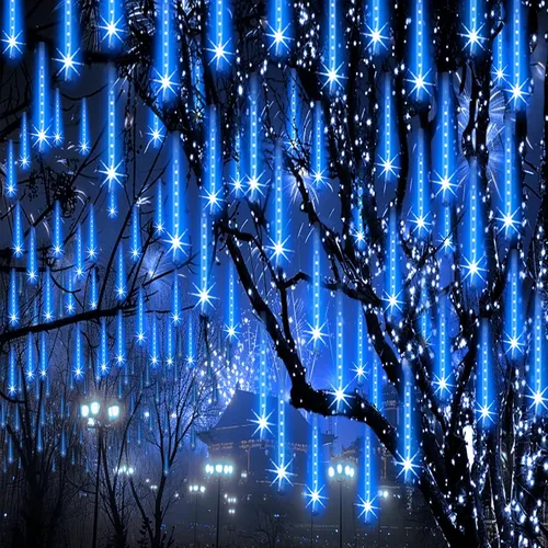 Vista 11 de Luces de lluvia de meteoros al aire libre, luces navideñas, 24 tubos, 576 LED, efecto de caída de nieve, lluvia en cascada, carámbanos, luz