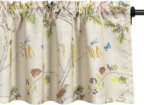 Vista 8 de VOGOL Cenefa de estilo rústico para filtrar la luz, con bolsillo para barra, cortina de cenefa de campo con estampado de pájaros para cocina, 52 x