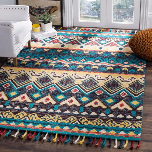 Vista 7 de SAFAVIEH Aspen Collection - Alfombra decorativa de 2 x 3 pies, azul y rojo, hecha a mano, lana trenzada con borlas, ideal para zonas de alto tráfico
