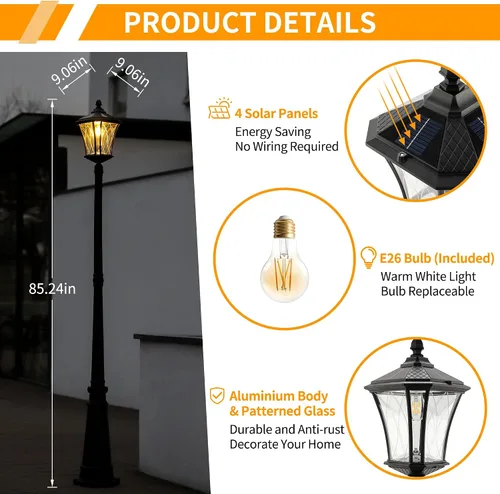 Vista 3 de LUTEC Lámpara de poste solar para exteriores, luz del anochecer al amanecer, poste impermeable con vidrio estampado, accesorios de luz solar