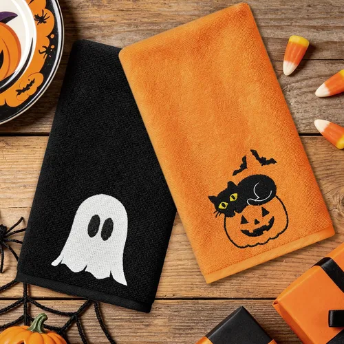 Vista 7 de Hexagram Toallas de mano de Halloween, toalla bordada, decoración de baño de Halloween Decoración de fantasma de gato, toallas negras, calabaza