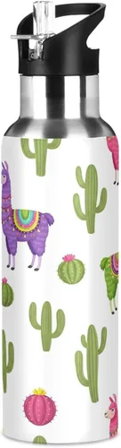 Vista 8 de Insulated Stainless Steel Water Bottle with Straw 20 Oz, Leakproof Water Bottles for Gym Outdoor Travel School, Colorful Llamas Cactus Cute