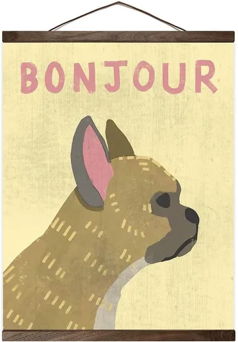 Vista 7 de Bonjour Hanging Poster Canvas Print Ready to Hang Dog Wall Decor 16"x20" Oak Trim