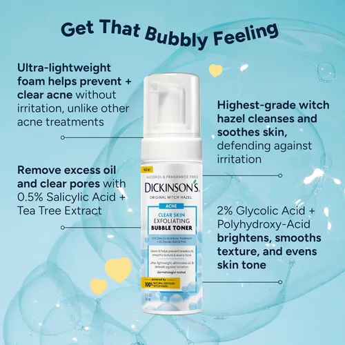 Vista 3 de Dickinson's Tónico exfoliante de burbujas de hamamelis con 0.5% de ácido salicílico, ácido glicólico y niacinamida Limpia los poros, suaviza
