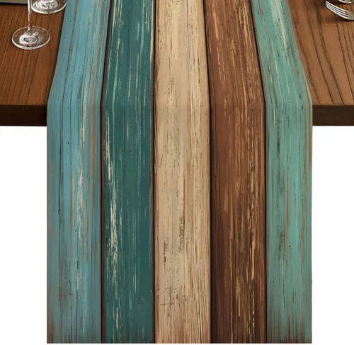 Vista 12 de Vandarllin Camino de mesa de lino y algodón estilo rústico retro, textura de madera de granero, color degradado, azul aguamarina, gris