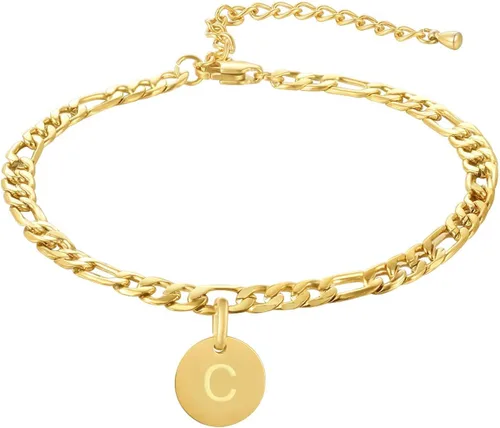 Vista 2 de FOSIR Pulseras de tobillo con inicial de moneda para mujer, chapado en oro de 18 quilates de acero inoxidable Figaro