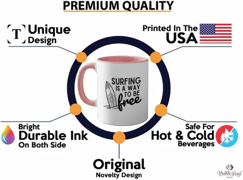 Vista 2 de Surfing Two Tone Pink Edition Taza de café de 11 oz – Surfing is free A – Surfing is free A – Surfing is free A – Surfing ing Enthusiast Gifts Water