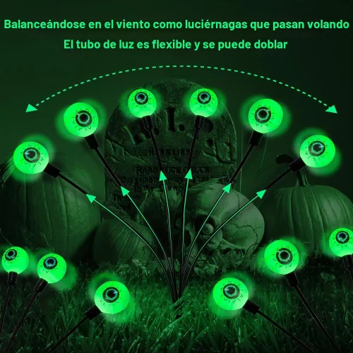 Vista 2 de BeHiller Decoraciones de Halloween para exteriores, luces solares de ojos aterradoras, 2 paquetes de 12 luces LED de globo ocular verde, luces