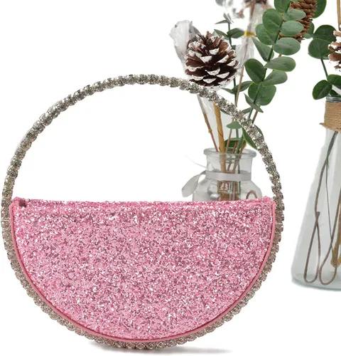 Vista 3 de Mini corazón forma redonda Rhinestone embrague bolso bolso marco diamante brillo lentejuelas brillantes bolso de noche boda fiesta
