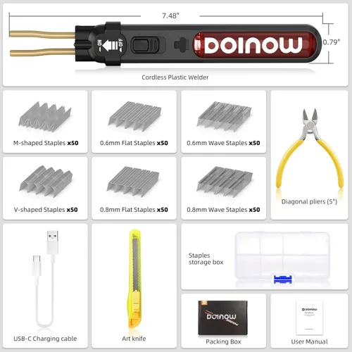 Vista 9 de Kit de Soldador de Plástico Inalámbrico, DOINOW Kit de Soldadura de Plástico Portátil con 300 Grapas de Plástico Caliente, Carga USB-C, Kit