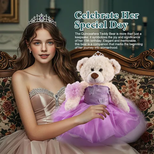 Vista 4 de Muñeca de quinceañera con vestido de membrillo con vestido, decoraciones de quinceañera, regalos de decoración de quinceañera, OSO de peluche