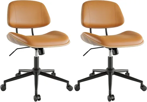 Vista 10 de Silla de oficina sin brazos con ruedas, silla de escritorio de cuero Beige
