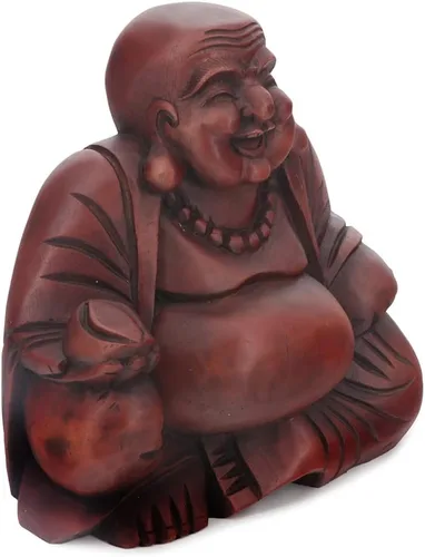 Vista 7 de Buddha Groove Estatua de Buda feliz de Polystone Hotei con acabado de caoba para uso en interiores