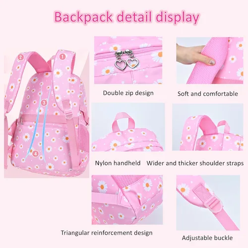 Vista 6 de Mfikaryi Mochilas con estampado de margaritas para niñas, 3 piezas, con lonchera, Gris, Moda