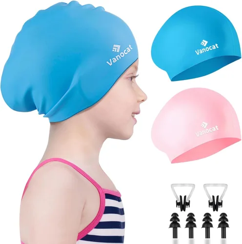 Vista 11 de 2 Pack Kids Swim Caps for Long/Short Hair, Unisex Silicone Swimming Cap for Age 3-15 Children Toddler Youth Teen, Waterproof Shower Cap Bathing Hats