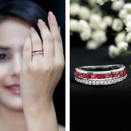 Vista 11 de Anillo de media eternidad de diamantes y rubí de 1.25 quilates para mujer Calidad AAA